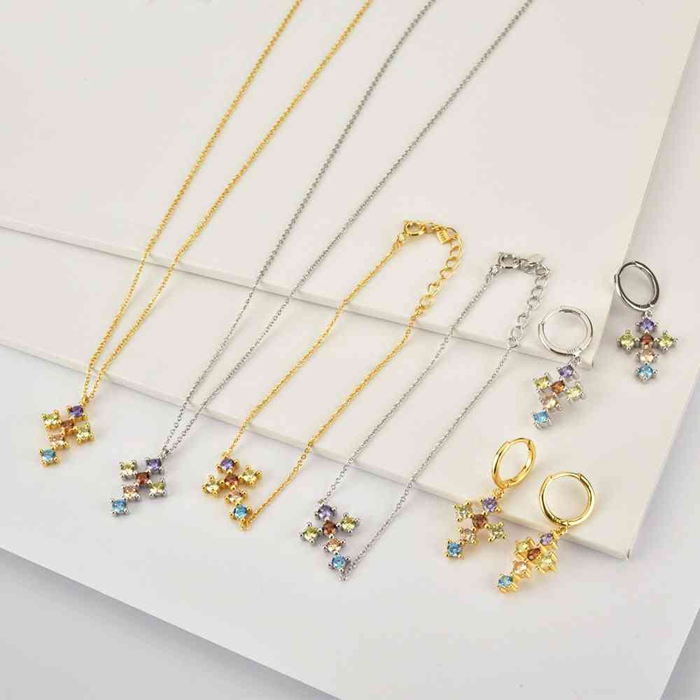 Sterling rainbow cross zircon, cz hoops pendiente piercing ohrringe armband & halsband smycken set