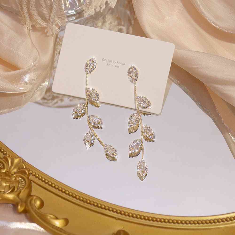 Real Gold Plated Leaves Earring, Delicate Micro Inlaid Cubic Zircon, Cz Stud, Wedding Jewelry Pendant