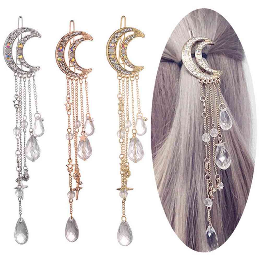 Women Moon Rhinestone Crystal Tassel Long Chain Beads Dangle Hairpin Hair Clip