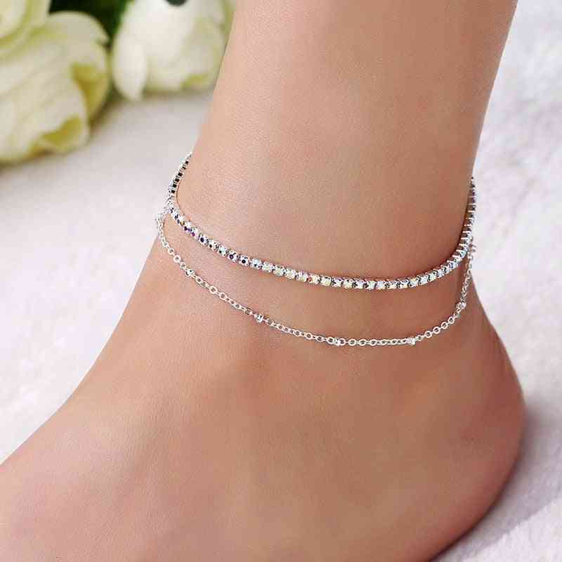 Women Double Foot Cavigliere Silver Color Chain, Ankle Bracelets
