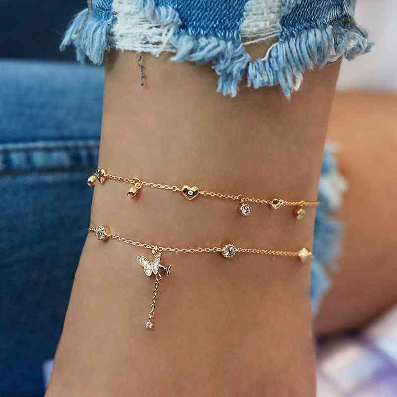 Butterfly Anklet, Gold Multilayer Crystal Ankle Bracelet