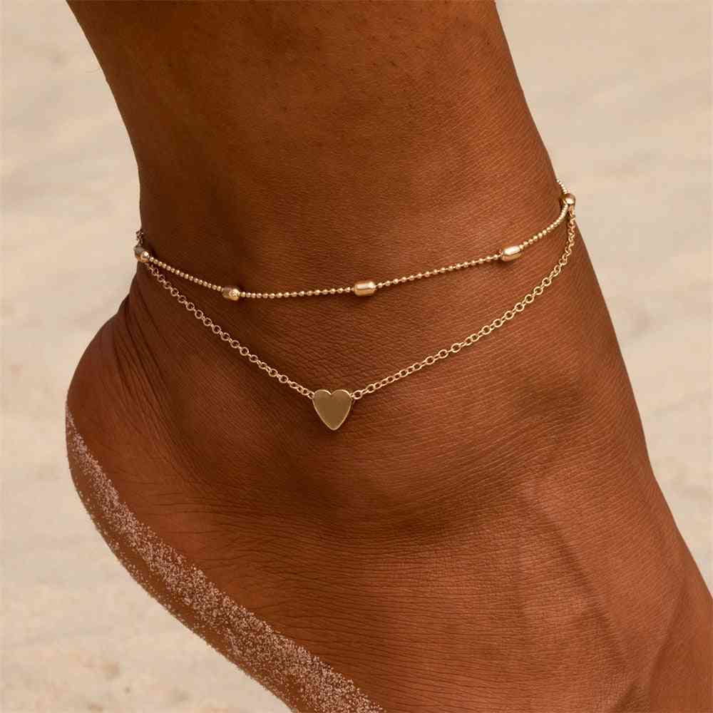 Tornozeleiras em camadas femininas com coração de ouro, pulseira com contas delicadas joias para os pés