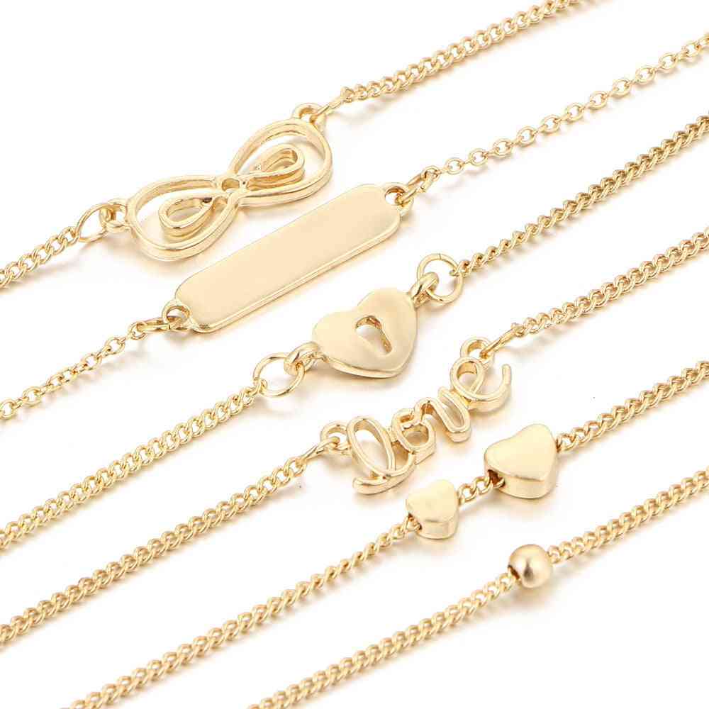 Ankle Bracelet Set, Boho Jewelry Bohemian Gold Chains Infinity Double Heart Love Lock Charm Bracelets