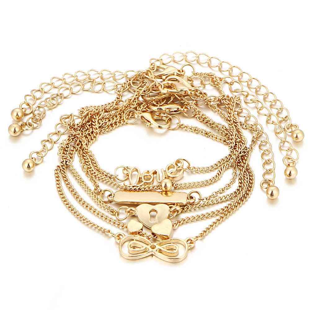 Ankle Bracelet Set, Boho Jewelry Bohemian Gold Chains Infinity Double Heart Love Lock Charm Bracelets