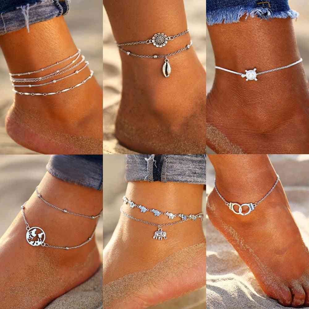 Multilayers Adjustable Anklet, Bracelet On Leg Foot Beach Jewelry