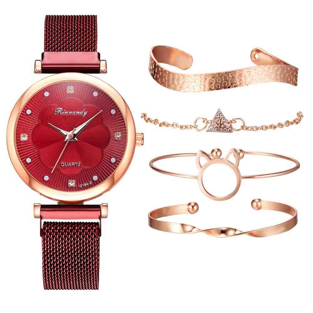 5pcs Set Women Watches, Luxury Magnet Buckle -wrist  Bracelet