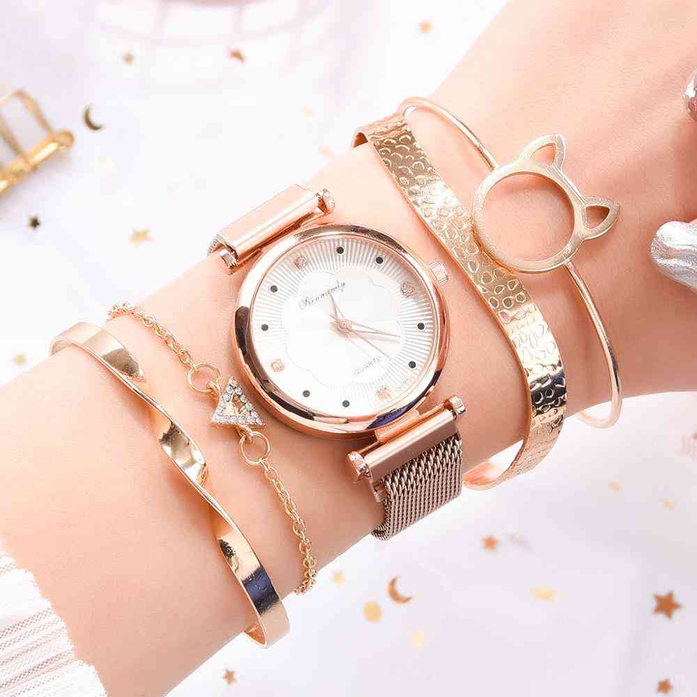 5pcs ensemble de montres pour femmes, boucle magnétique de luxe - bracelet de poignet