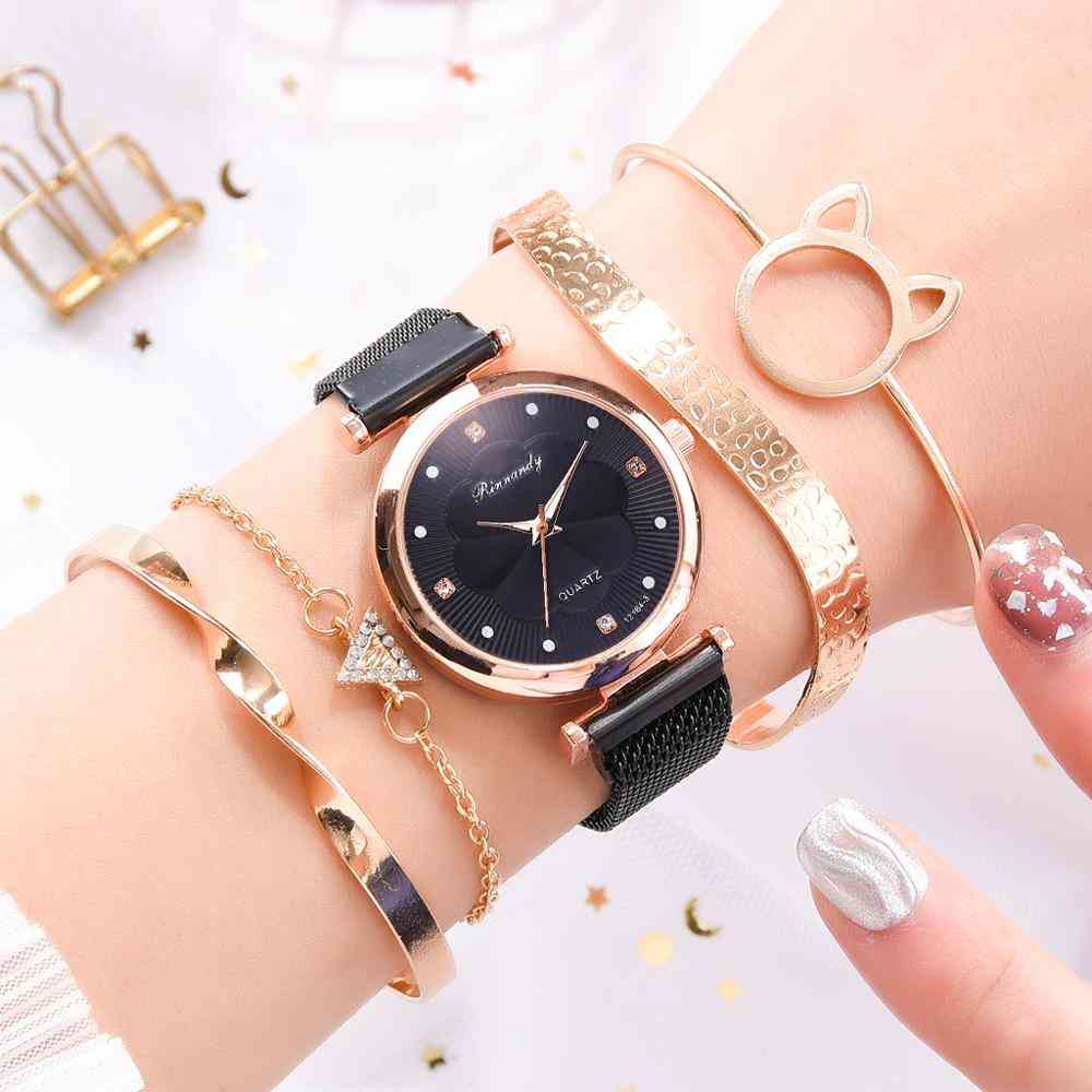 5pcs ensemble de montres pour femmes, boucle magnétique de luxe - bracelet de poignet