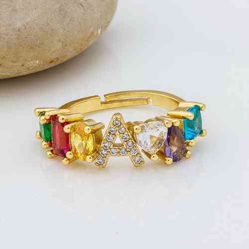 Adjustable A-z Initial Ring Bohemian Copper Zircon  Rainbow Letter Rings