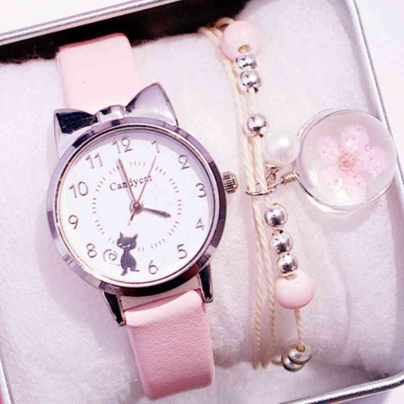 Reloj de pulsera de cuarzo con gatos de cuero rosa para niños.