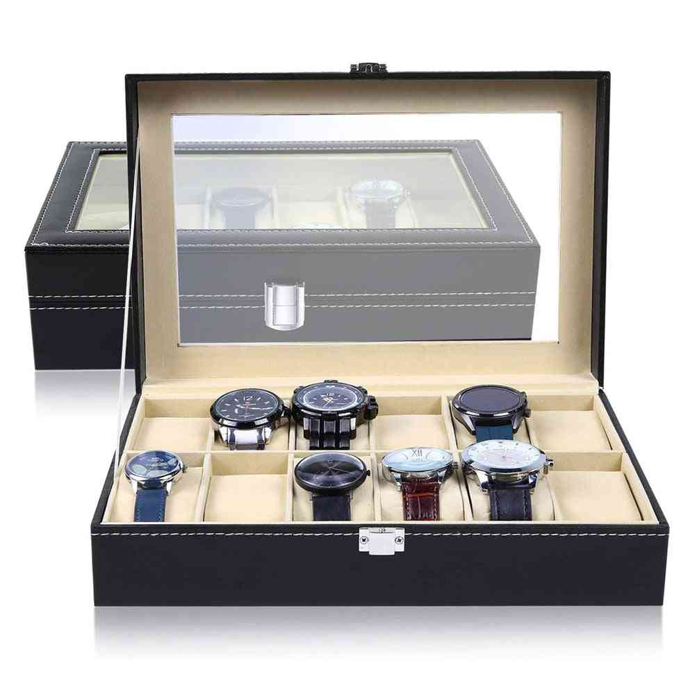 Janela caixa de relógio de couro preto, caixa, organizador de suporte profissional