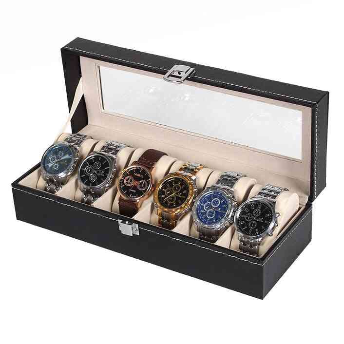 Window Black Leather Watch Box, Case, Professional Holder Organizer