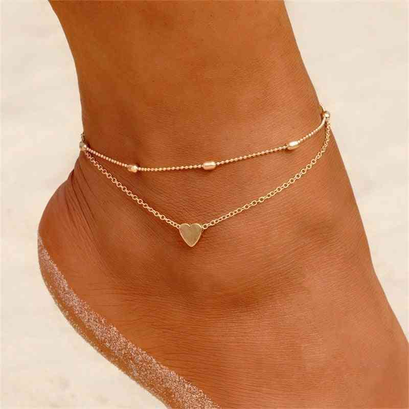 Two Layers Chain-heart Style, Anklets, Bracelets, Summer Barefoot Sandals Jewelry