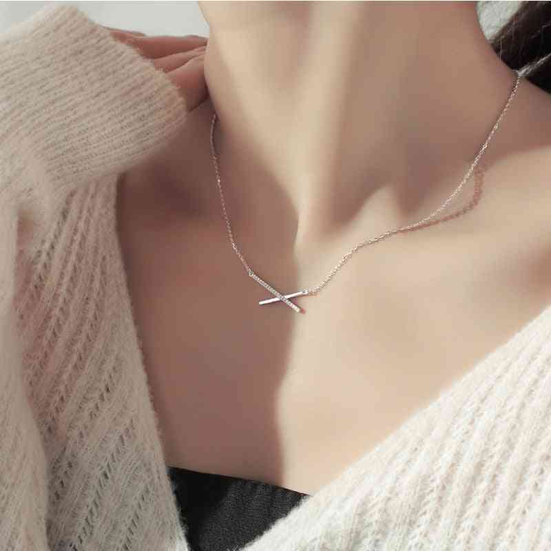 Silver Aaa Zircon Geometric Strip Pendant Necklaces