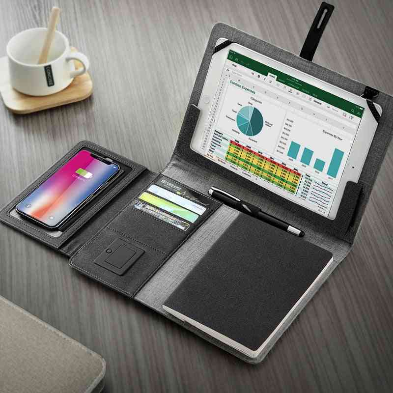 Business Travel Bag, Padfolio Notebook With Power Bank, Battery Charger Wire And Wireless Charging
