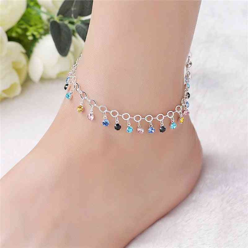 925 Sterling Silver Colorful Crystal Rhinestone Drop Anklet