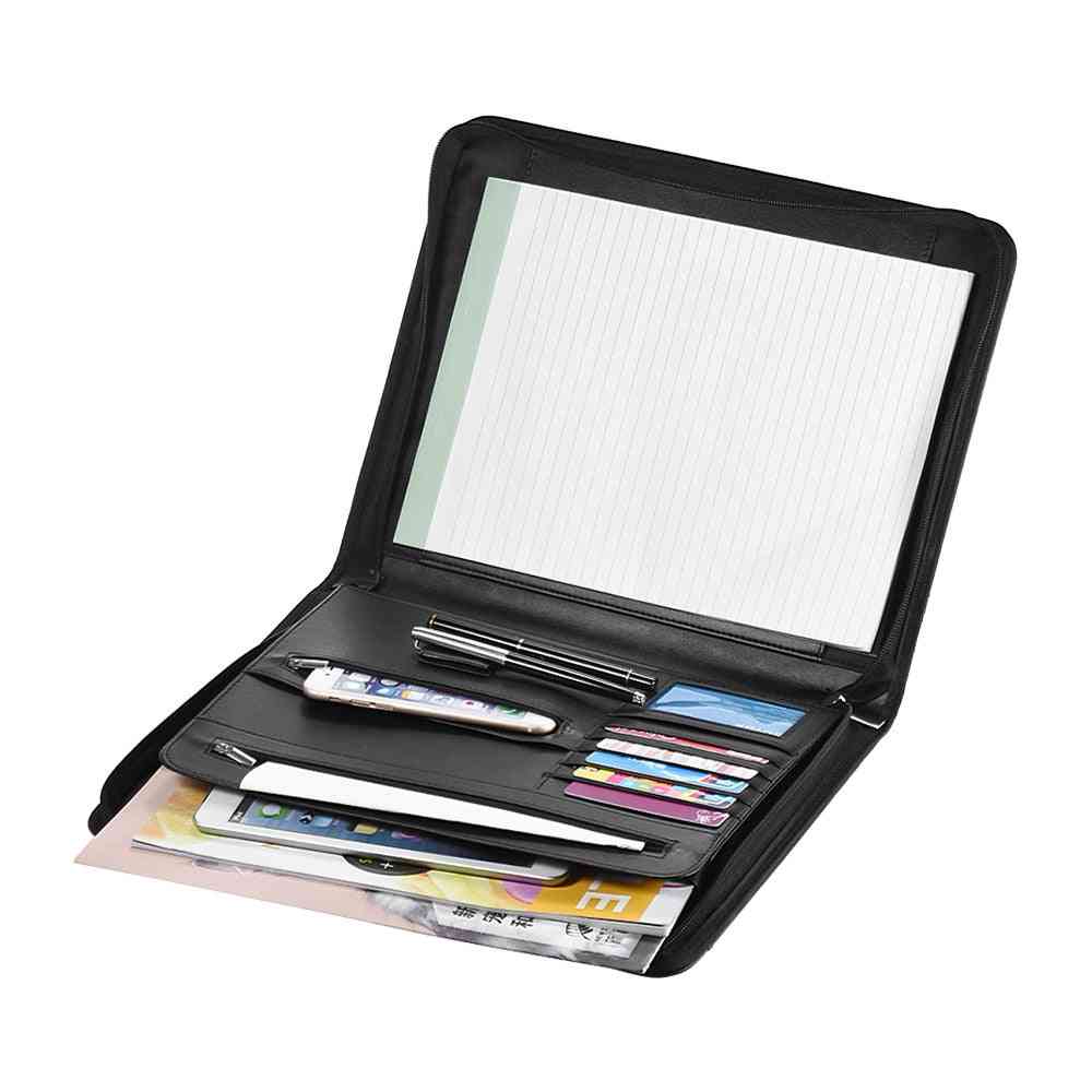 Zippered Multifunctional Portfolio, Professional Padfolio File Organizer With Writing Pad & Card Pocket