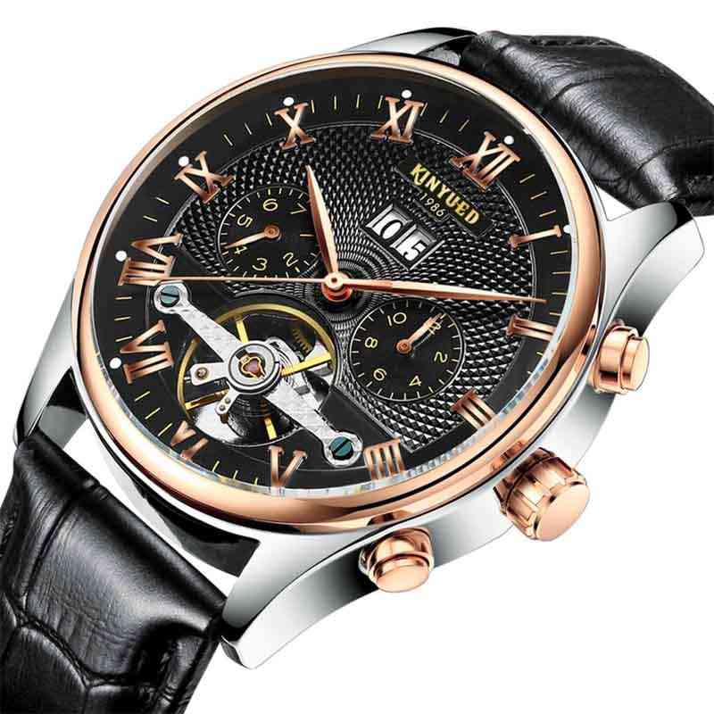 Pánske automatické hodinky, klasické kožené mechanické náramkové hodinky