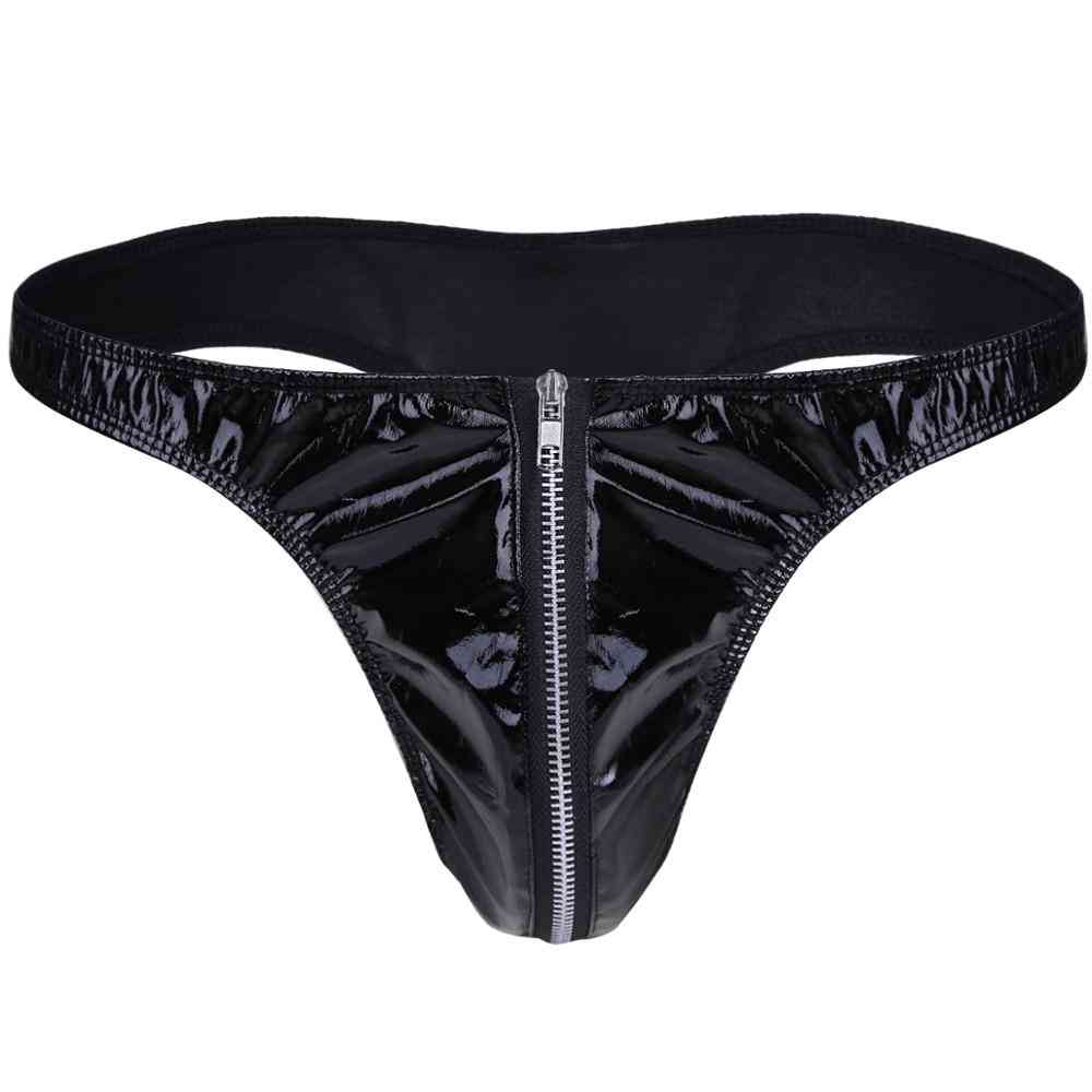 Men Latex Zipper Underpants Leather Bikini Briefs Underwear