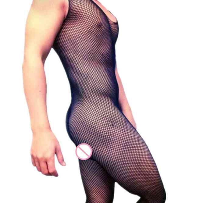 Male Underwear Sleeveless Bodystocking, Men's Open Crotch Fishnet Bodysuit