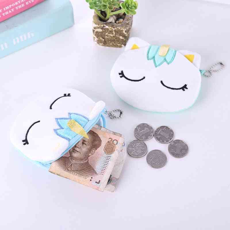 Mini Cute Oval Zipper, Soft Plush Cartoon Unicorn Women Coin Purse