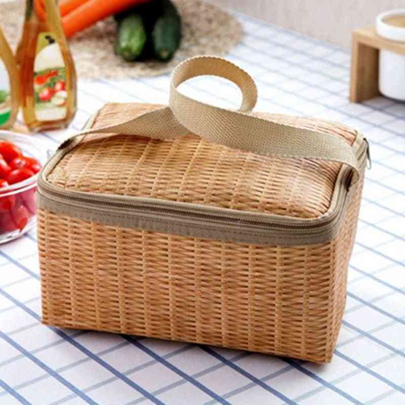 Rattan Waterproof Thermal Insulation Lunch Bag, Portable Picnic Food Storage Case