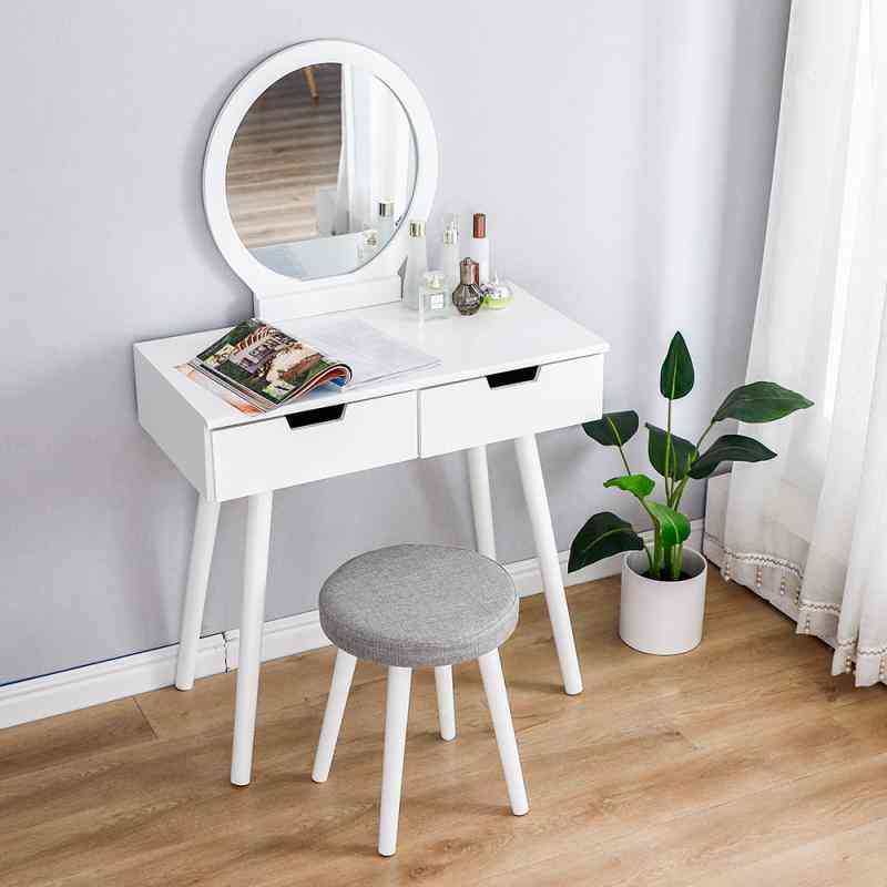 Wooden Dresser Table Mirror With Chair Set