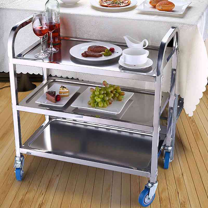 Mobile Dining Trolley, Stainless Steel Three Tier Tea Cart Table