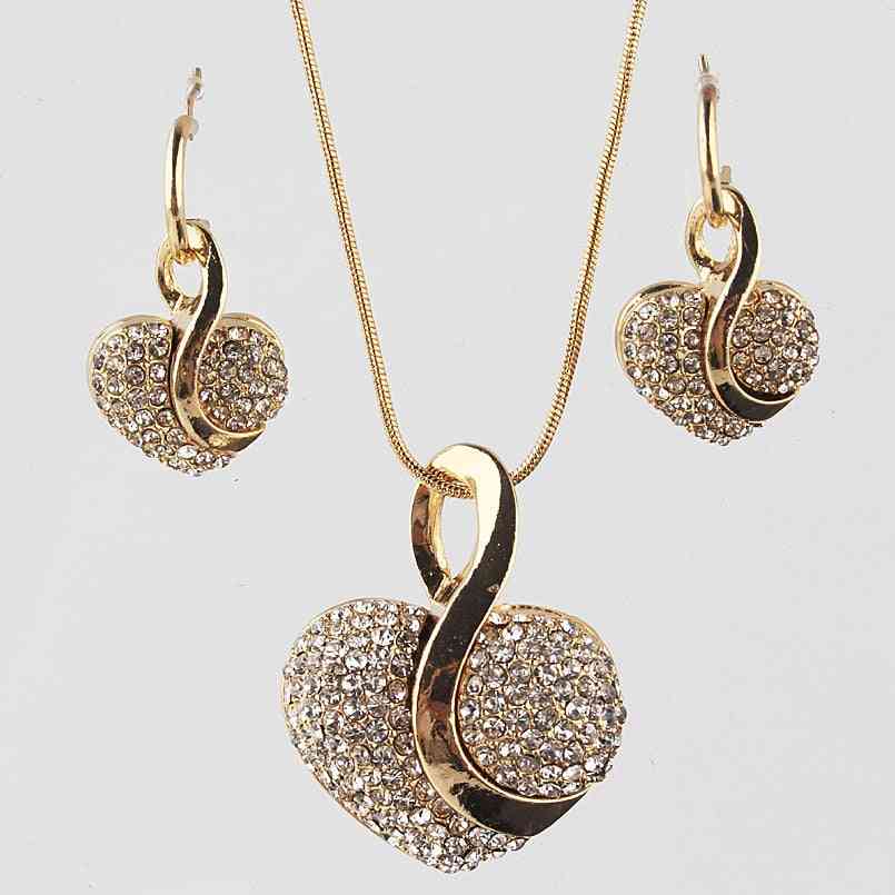 Luksus gullfarge romantisk krystallhjerte halskjede øreringer smykker sett