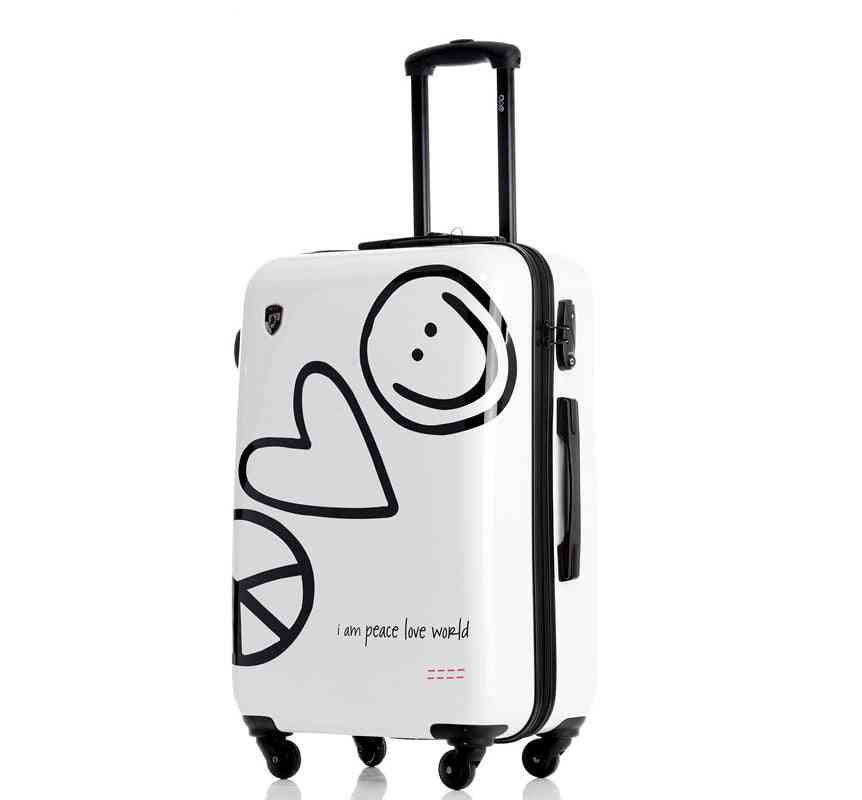 Módny kufrík na kolieskach kreatívne nastupovanie heslo rolovanie batožiny