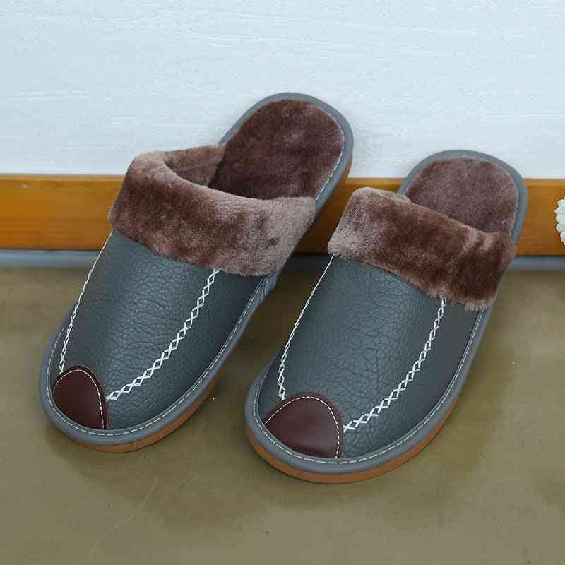 Leather Warm Indoor Slipper, Waterproof Men Shoes