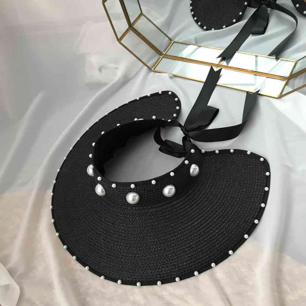 New Fashion Pearl Bow Summer Straw Hats - Women Empty Top Sun Cap