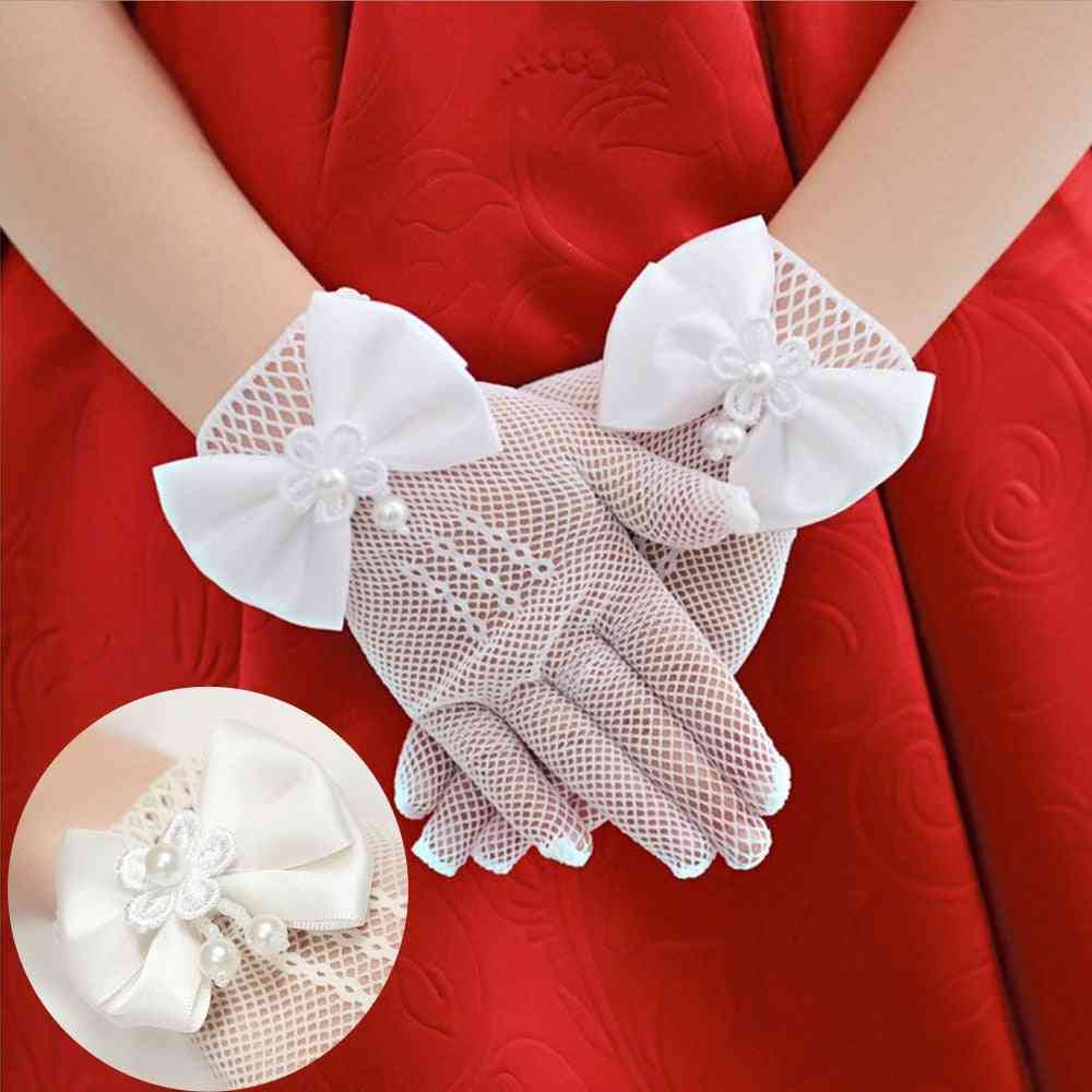 High Elasticity Mesh Bow Cream Lace Pearl Fishnet Gloves For Girl