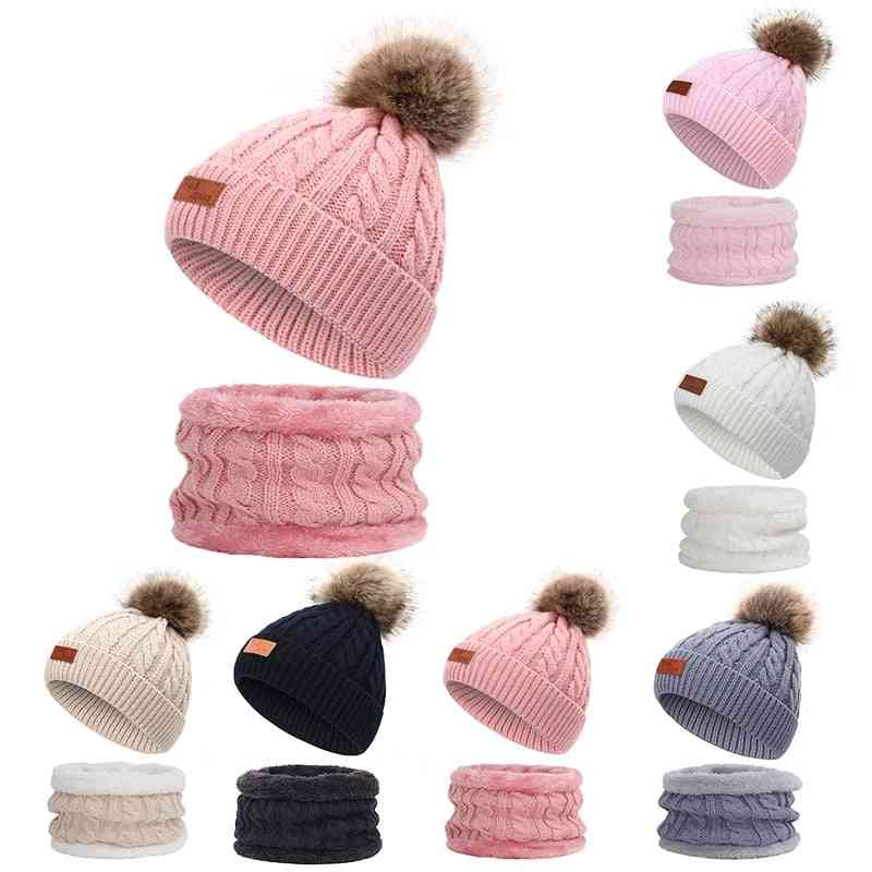 Costum de eșarfă pălărie tricotat drăguț, piele pompom twist standard de iarnă cald