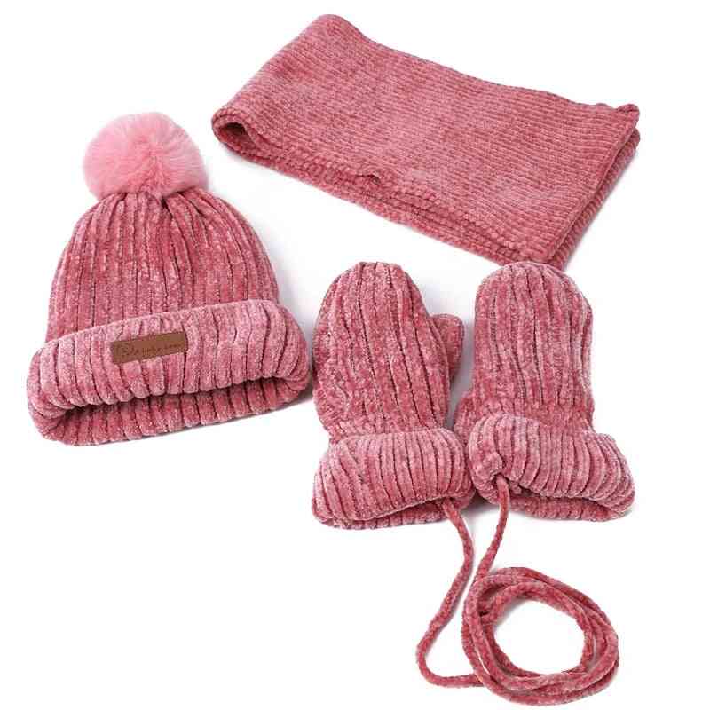 Hats Scarf Gloves Set, Winter Warm Mitten, Pompon Knitted Cap
