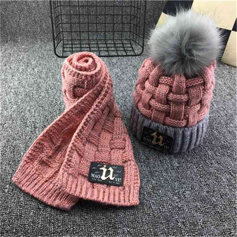 Winter Soft Fleece Knit Hat Scarf Set, Kids Novelty Thickened Beanie With Pu Patches