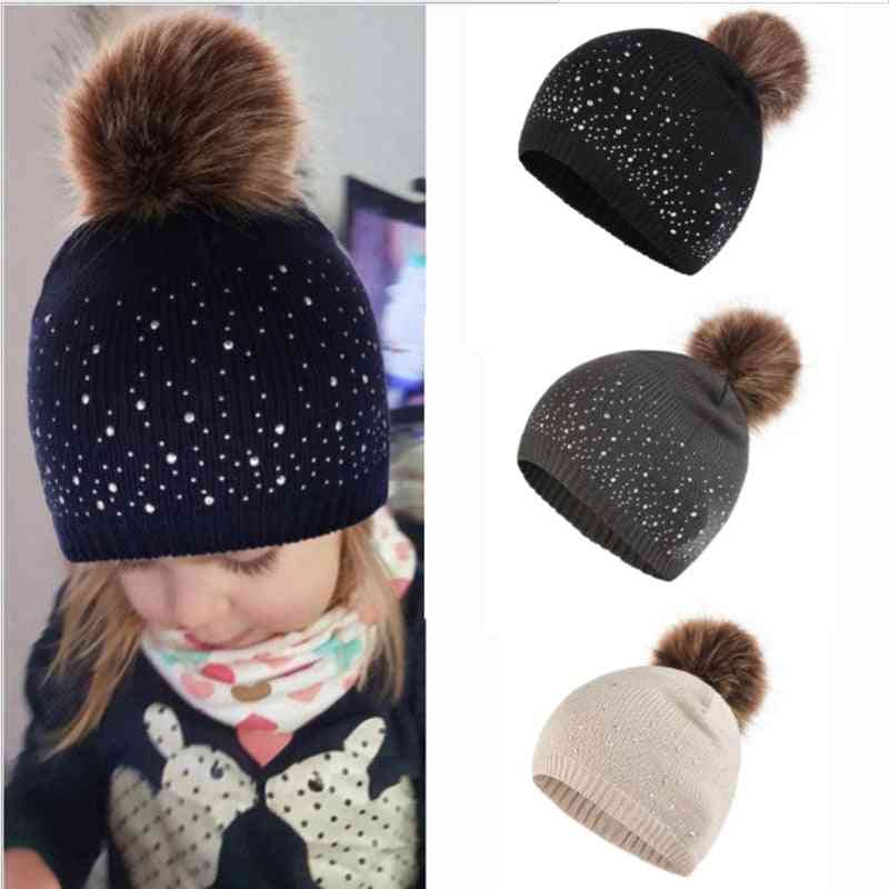 Rhinestone Solid Color Baby Pompom Hat, Keep Warm Casual Tide Winter Cap