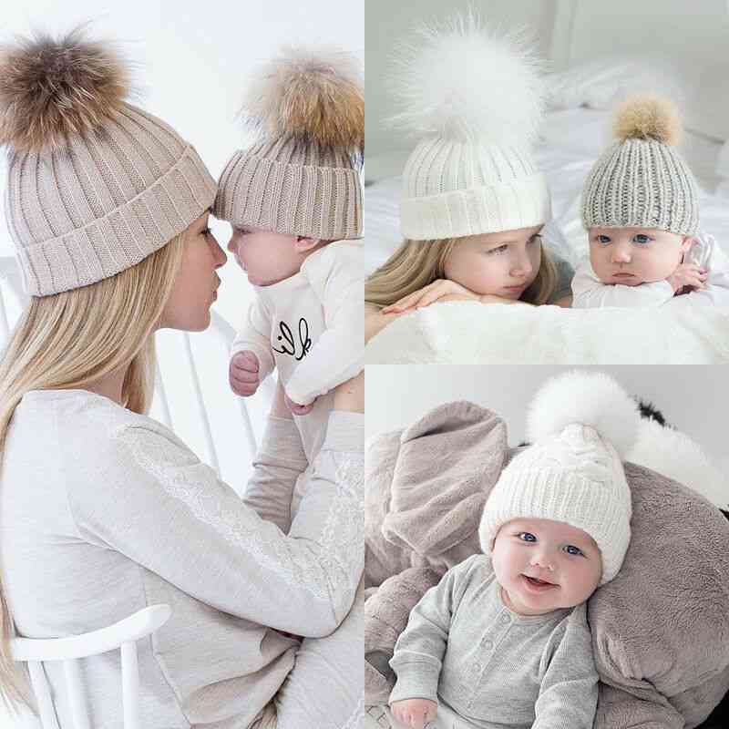 Women Baby Knit Hat, Girl Set Fur Ball Cap - Winter Accessories