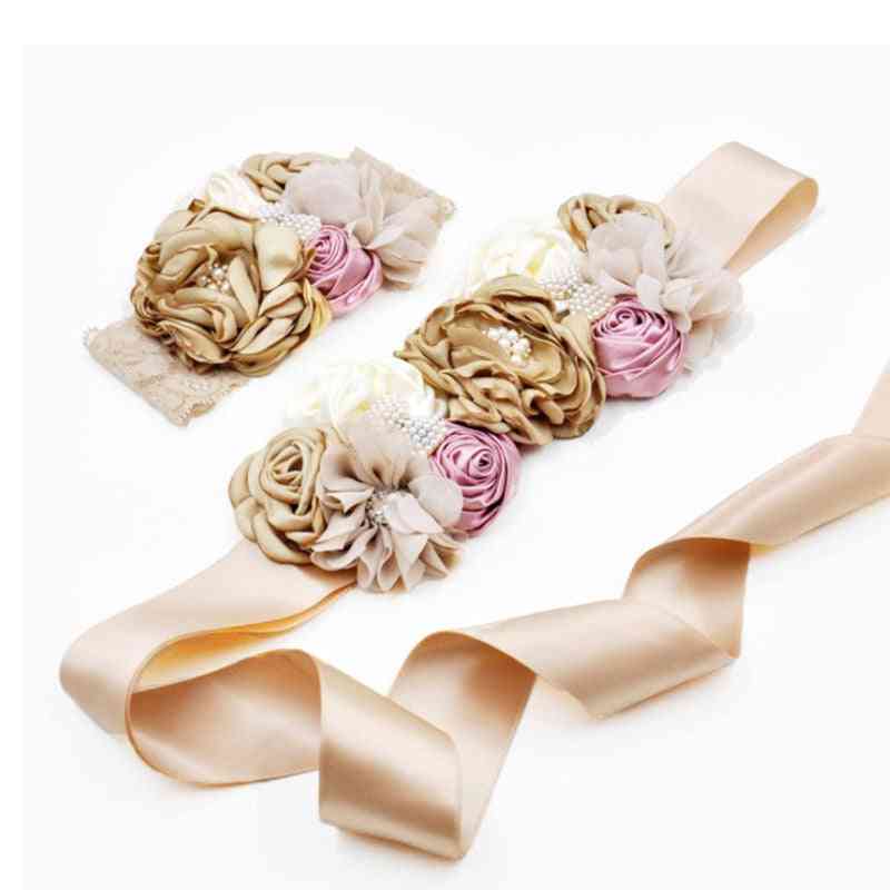 Fascia e cintura per capelli con nastro di fiori rosa fatti a mano con perle arricciate