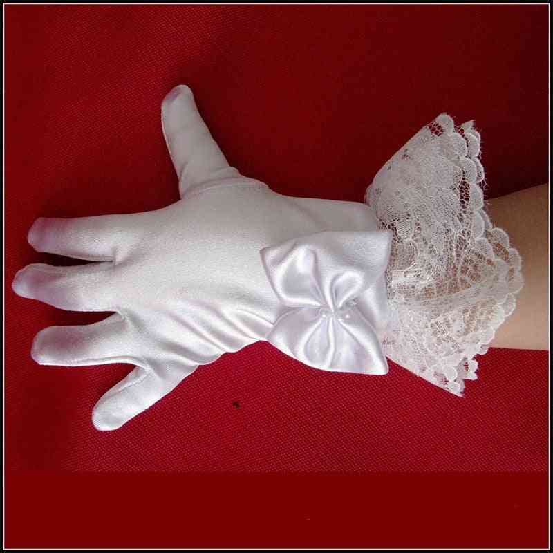 1 Paar weiße Spitzen-Satin-Vollfinger-Kurzhandschuhe für Mädchen