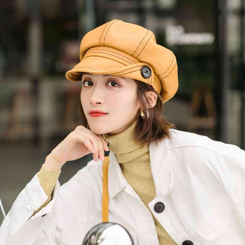 Mode pu Lederknöpfe achteckige Hüte, Frauen Herbst Wintermützen