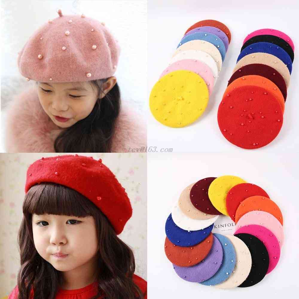Dieťa feminina hipster perla vlna plsť baret viacfarebný maliar roztomilý klobúk