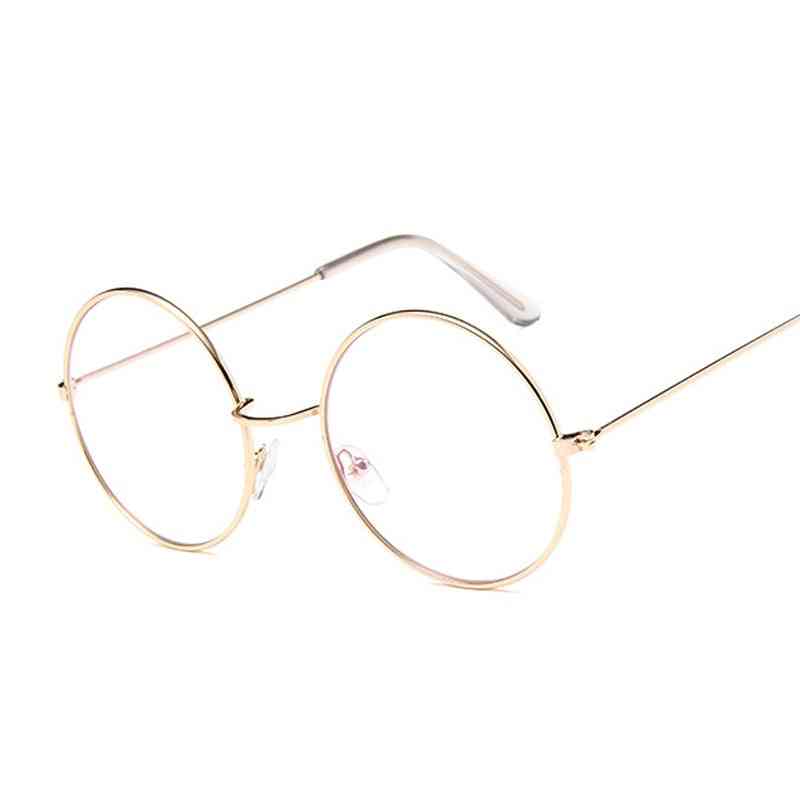 Okrągłe okulary przezroczyste soczewki, złota metalowa oprawka, okulary optyczne