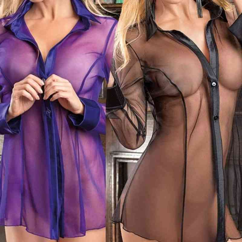 Women Button Lingerie Dress Transparent Clubwear Stripper Long Sleeve Blouse