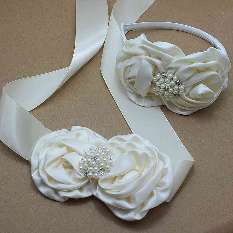 Elfenbein Satin Rose Blume Schärpe Stirnband mit Perle Hochzeit Braut Rosette Gürtel