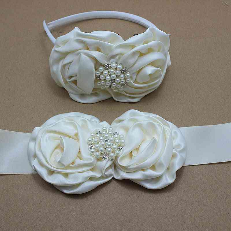 Ivory Satin Rose Flower Sash Headband With Pearl Wedding Bridal Rosette Belt