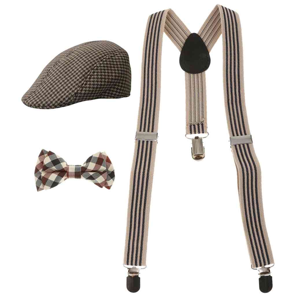 Conjunto de suspensório elástico nas costas, gravata borboleta e boina, chapéu plano