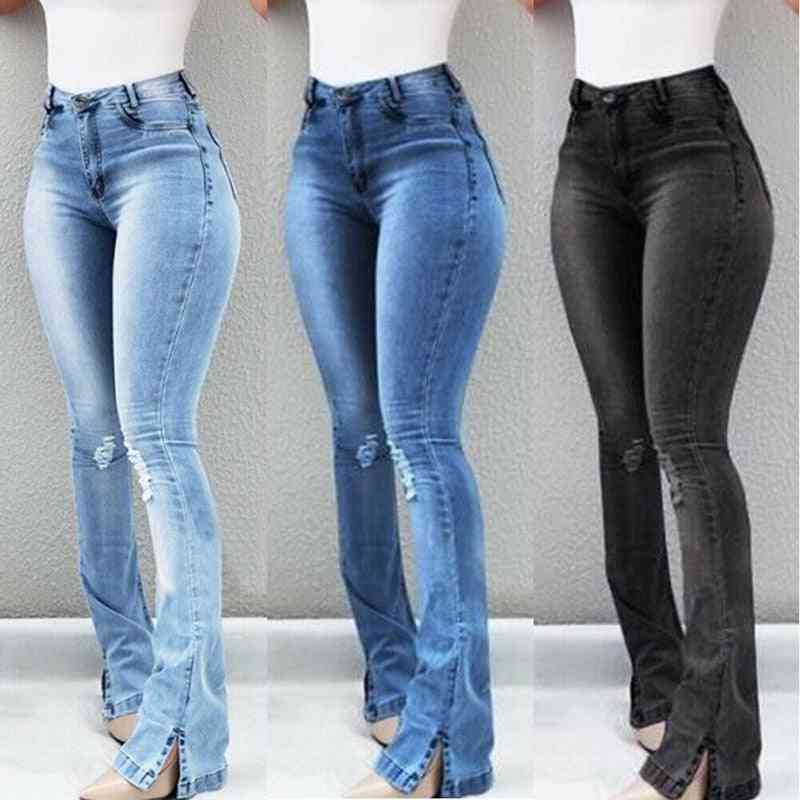 Women High Waist Denim Jeans, Stretch Slim Bell Bottom Pants