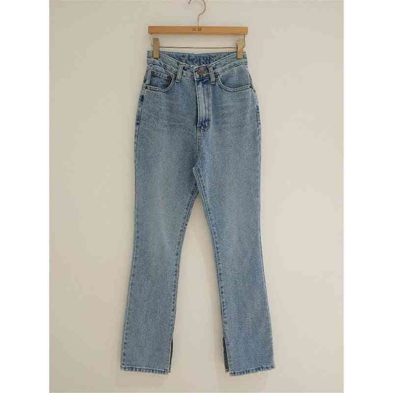 Denim High-waist Flare Jeans, Side Split Vintage Long Denim Pant For Women