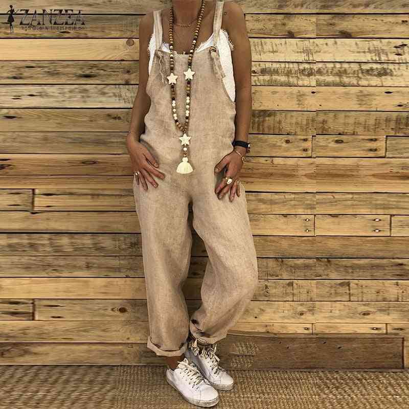 Casual Solid Strappy Dungarees- Cotton Linen Loose Jumpsuits For Women